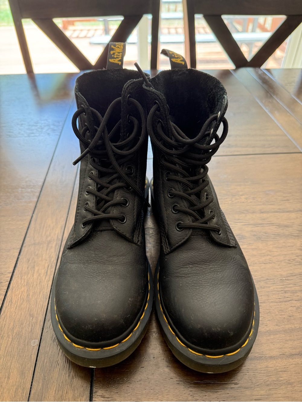 Dr. Martens Black Lace-Up Combat Boots with Yellow Stitching